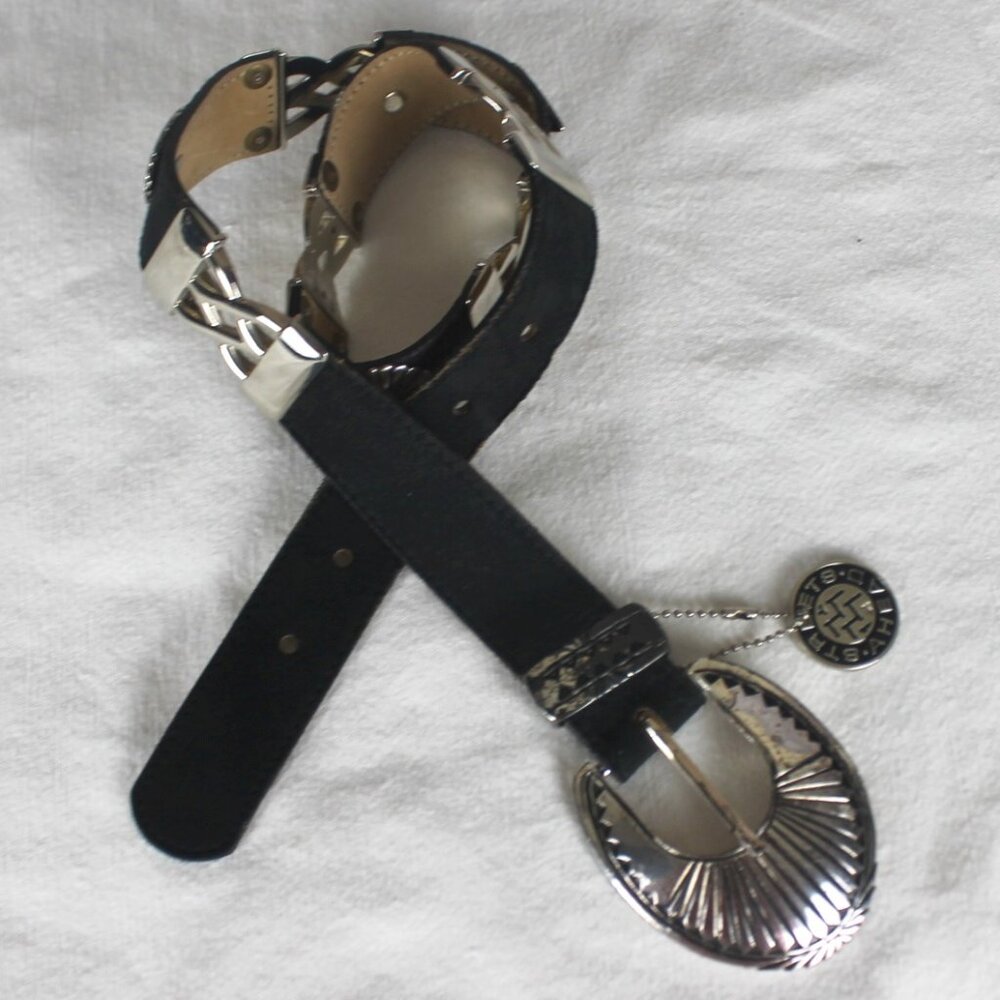 Streets Ahead Black Leather Belt Silver Aztec Logo Metal Tag Size Small 1653